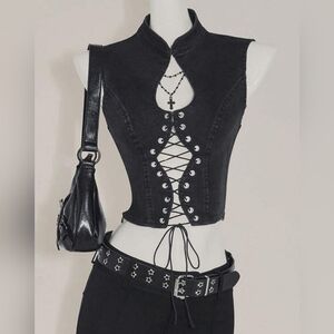 Black Sexy Punk Rave Sleeveless Denim Tie-Front Crop Top size  M